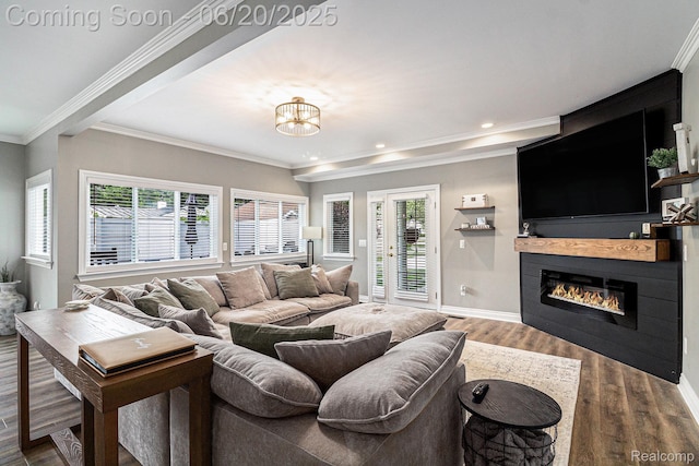 3280 Chambourne St, Ferndale, MI 48382 - living room with wood finished floors, a glass covered fireplace, ornamental molding, a chandelier, and recessed lighting