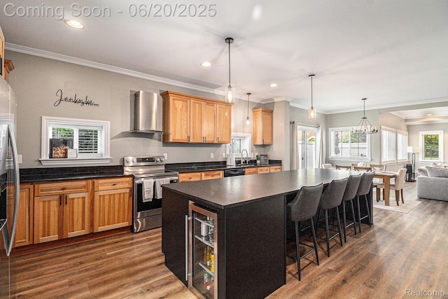 3280 Chambourne St, Ferndale, MI 48382 - kitchen with stainless steel electric range oven, wall chimney exhaust hood, dark countertops, dark wood-style floors, and crown molding