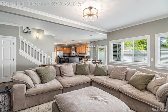 3280 Chambourne St, Ferndale, MI 48382 - living room featuring a chandelier, crown molding, and stairs
