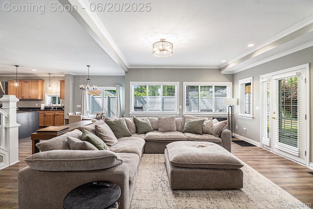 3280 Chambourne St, Ferndale, MI 48382 - living area featuring a chandelier, wood finished floors, ornamental molding, and recessed lighting