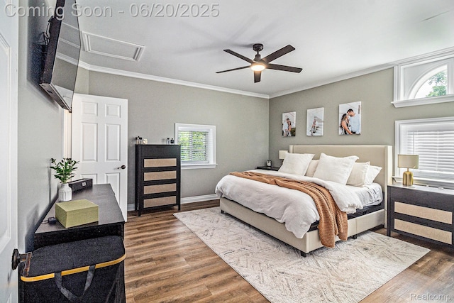 3280 Chambourne St, Ferndale, MI 48382 - bedroom featuring attic access, multiple windows, ornamental molding, wood finished floors, and a ceiling fan