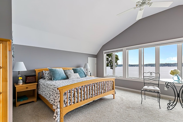68121 Edgewater Beach Rd, White Pigeon, MI 49099 - carpeted bedroom featuring lofted ceiling, a ceiling fan, and a water view