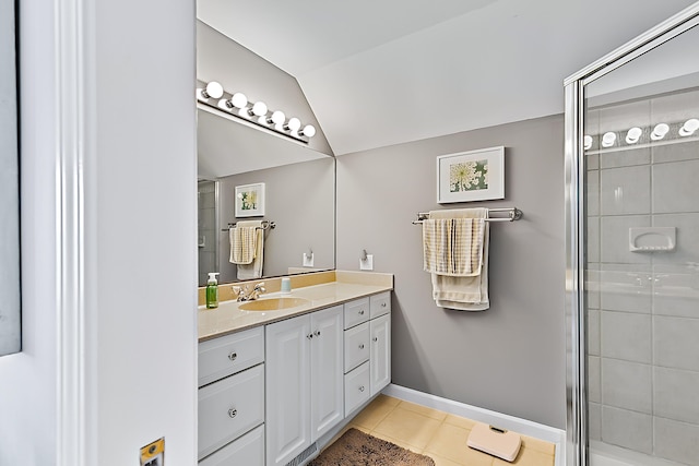 68121 Edgewater Beach Rd, White Pigeon, MI 49099 - bathroom featuring vanity, tile patterned floors, lofted ceiling, and a shower stall