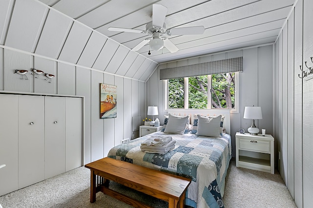 68121 Edgewater Beach Rd, White Pigeon, MI 49099 - bedroom with lofted ceiling, light colored carpet, and ceiling fan