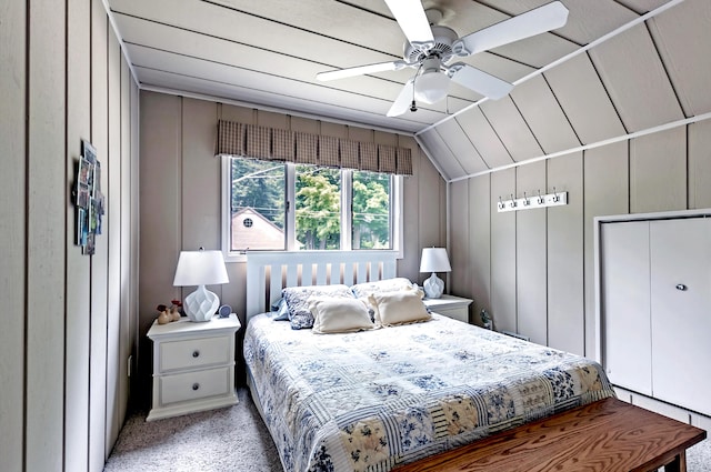 68121 Edgewater Beach Rd, White Pigeon, MI 49099 - bedroom featuring lofted ceiling, light colored carpet, a decorative wall, and ceiling fan