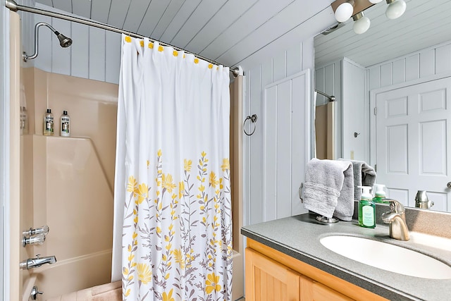 68121 Edgewater Beach Rd, White Pigeon, MI 49099 - full bath with vanity, shower / tub combo with curtain, and wooden ceiling
