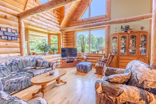 7111 Gilbert Rd, Pittsford, MI 49271 - living area featuring log walls, high vaulted ceiling, light wood-type flooring, and wooden ceiling