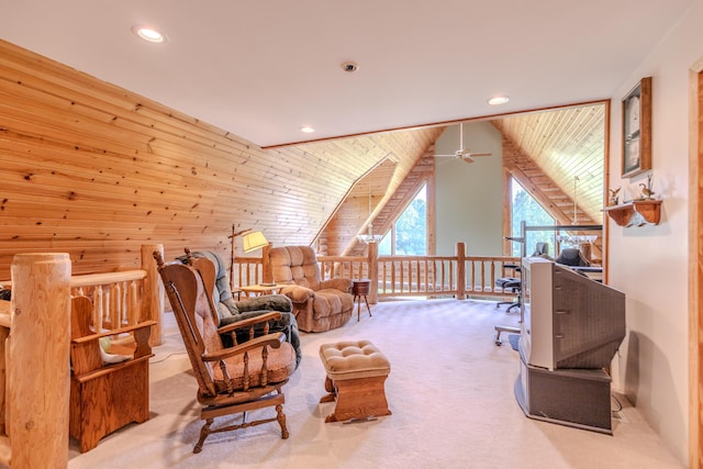 7111 Gilbert Rd, Pittsford, MI 49271 - living area featuring a ceiling fan, lofted ceiling, recessed lighting, carpet floors, and wooden ceiling