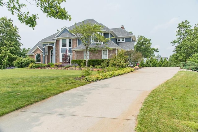 5284 Green Pine Ln, Kalamazoo, MI 49009 - view of front of home featuring a front lawn, a chimney, and brick siding