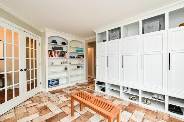 5284 Green Pine Ln, Kalamazoo, MI 49009 - mudroom featuring french doors and crown molding