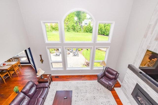 5284 Green Pine Ln, Kalamazoo, MI 49009 - living room with a high ceiling, a fireplace, and wood finished floors