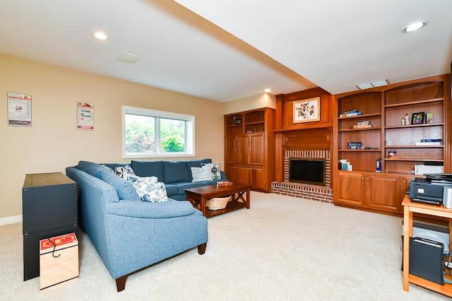 5284 Green Pine Ln, Kalamazoo, MI 49009 - living area with light carpet, a brick fireplace, and recessed lighting