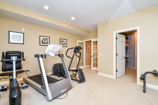 5284 Green Pine Ln, Kalamazoo, MI 49009 - workout area with french doors, carpet floors, and recessed lighting