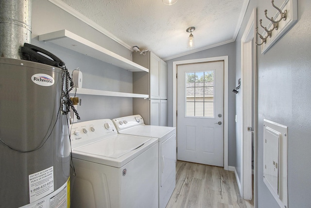 42 S 25th St, Battle Creek, MI 49015 - washroom with water heater, separate washer and dryer, light wood-type flooring, a textured ceiling, and crown molding