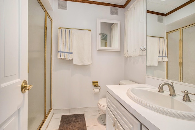 225 W Columbia Ave Unit 6, Battle Creek, MI 49015 - bathroom with crown molding, a stall shower, vanity, and tile patterned flooring