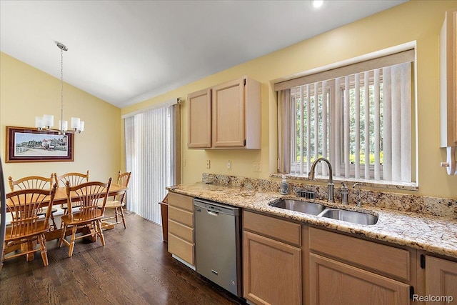 55728 Lorraine Dr Unit 20, Utica, MI 48316 - kitchen featuring dishwasher, vaulted ceiling, light stone counters, dark wood-type flooring, and decorative light fixtures