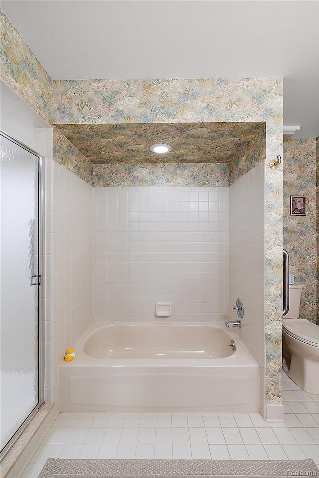 55728 Lorraine Dr Unit 20, Utica, MI 48316 - bathroom with a garden tub, tile patterned flooring, a shower stall, and wallpapered walls