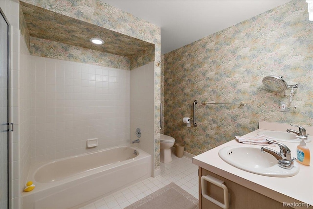 55728 Lorraine Dr Unit 20, Utica, MI 48316 - bathroom with tile patterned flooring, wallpapered walls, double vanity, and bathtub / shower combination