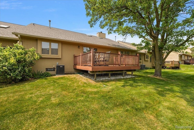 55728 Lorraine Dr Unit 20, Utica, MI 48316 - rear view of property featuring a wooden deck, a lawn, a chimney, and roof with shingles