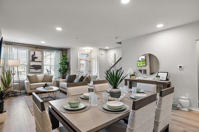 164 Jotham Ave, Auburn Hills, MI 48326 - dining area featuring stairway, light wood-type flooring, and recessed lighting