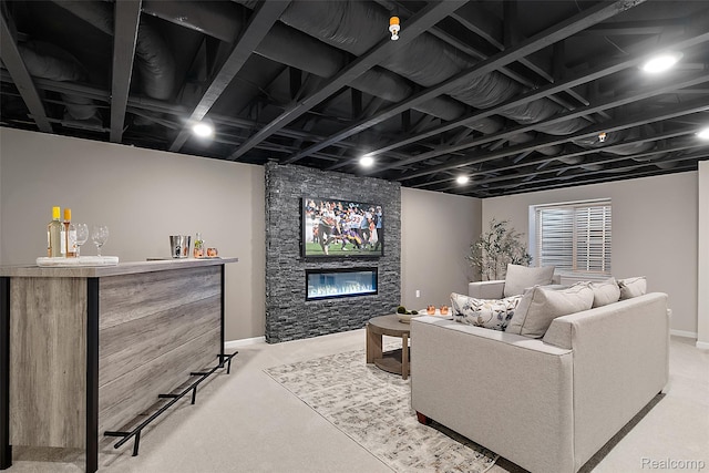 164 Jotham Ave, Auburn Hills, MI 48326 - living room with carpet, a dry bar, and a stone fireplace