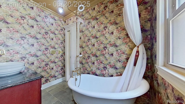 108 High St, Clawson, MI 48017 - full bath with wallpapered walls, a soaking tub, vanity, and tile patterned flooring