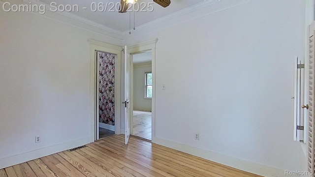 108 High St, Clawson, MI 48017 - unfurnished room with a ceiling fan, ornamental molding, and light wood-type flooring
