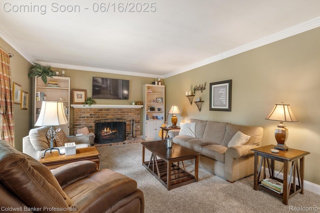 3184 Cedar Key Dr, Lake Orion, MI 48360 - carpeted living area with a brick fireplace and ornamental molding