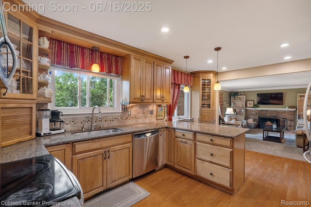 3184 Cedar Key Dr, Lake Orion, MI 48360 - kitchen featuring stainless steel dishwasher, a peninsula, light wood-style flooring, tasteful backsplash, and hanging light fixtures