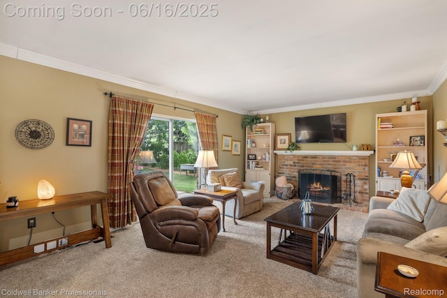 3184 Cedar Key Dr, Lake Orion, MI 48360 - living room with carpet floors, a brick fireplace, and crown molding