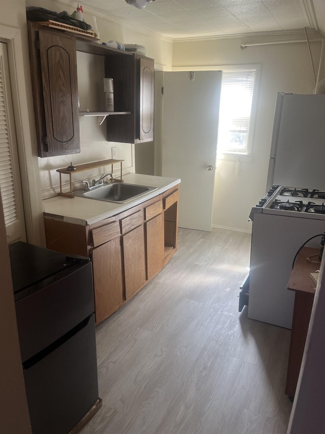 1021 2nd St, Flint, MI 48503 - kitchen with white appliances, light wood-type flooring, light countertops, open shelves, and crown molding