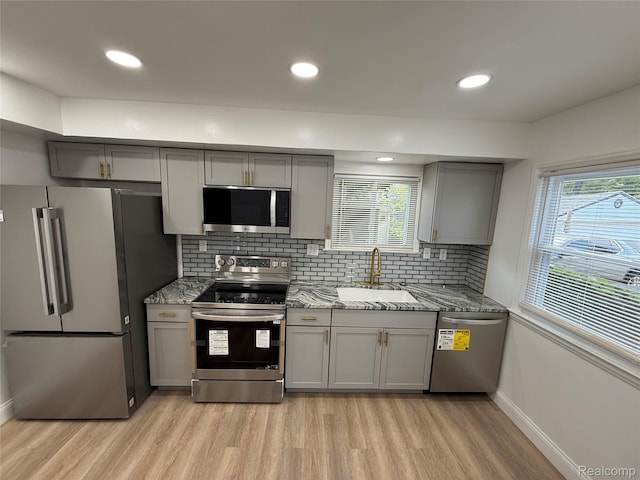 11735 Braile St, Detroit, MI 48228 - kitchen featuring stainless steel appliances, gray cabinets, light wood-style floors, light stone counters, and backsplash