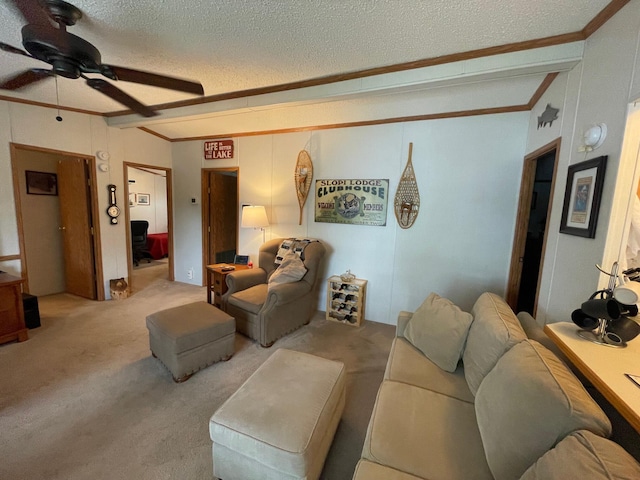 5814 N Trails End Dr, Irons, MI 49644 - living area with a textured ceiling, a ceiling fan, ornamental molding, lofted ceiling, and light colored carpet