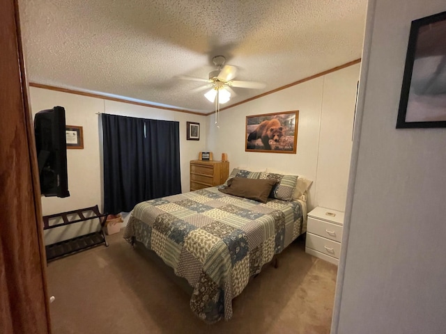 5814 N Trails End Dr, Irons, MI 49644 - bedroom with carpet floors, ornamental molding, a ceiling fan, lofted ceiling, and a textured ceiling
