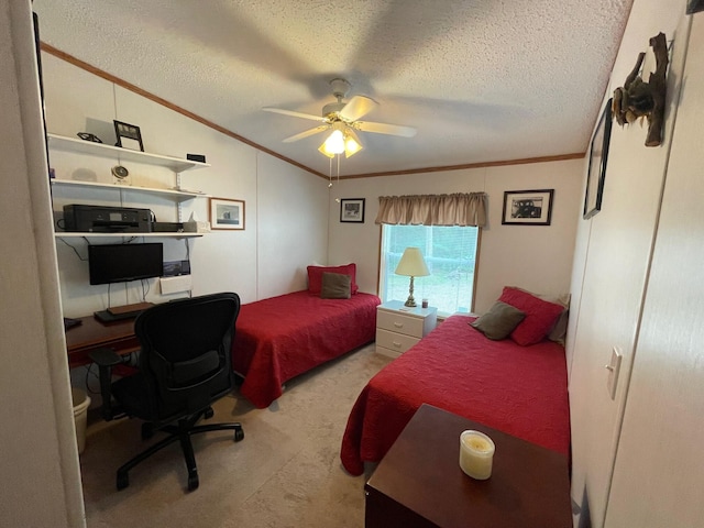 5814 N Trails End Dr, Irons, MI 49644 - bedroom featuring crown molding, carpet, a textured ceiling, an office area, and lofted ceiling