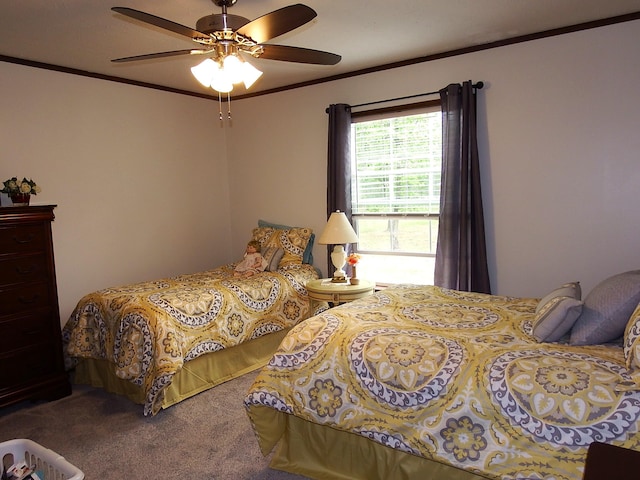 3461 S James Rd, Baldwin, MI 49304 - bedroom with carpet floors, ornamental molding, and a ceiling fan