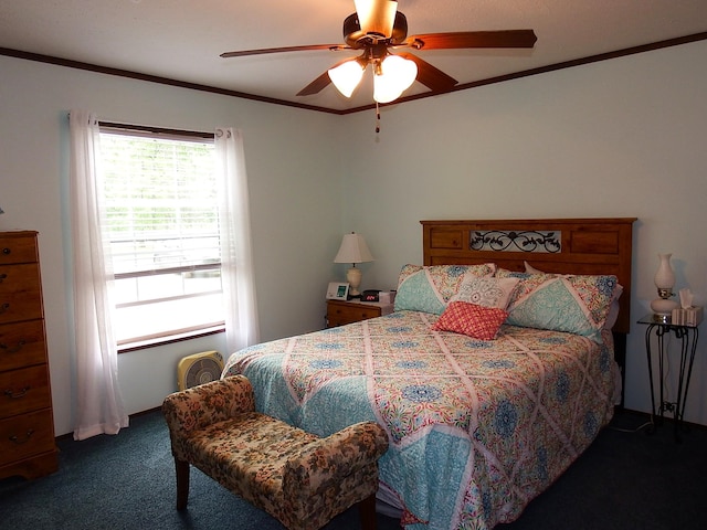 3461 S James Rd, Baldwin, MI 49304 - bedroom with carpet flooring, ornamental molding, and ceiling fan