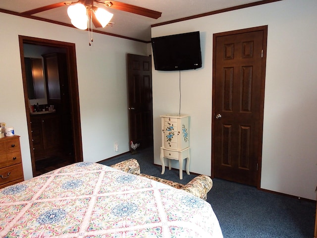 3461 S James Rd, Baldwin, MI 49304 - bedroom with carpet floors, ornamental molding, ceiling fan, and ensuite bathroom