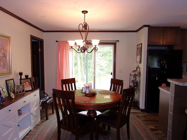 3461 S James Rd, Baldwin, MI 49304 - dining area with dark wood-style floors, a chandelier, and crown molding