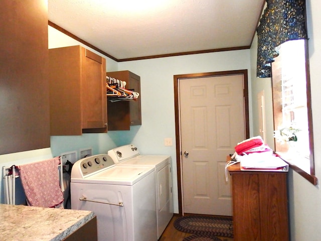 3461 S James Rd, Baldwin, MI 49304 - washroom featuring cabinet space, washing machine and clothes dryer, ornamental molding, and dark wood-style flooring