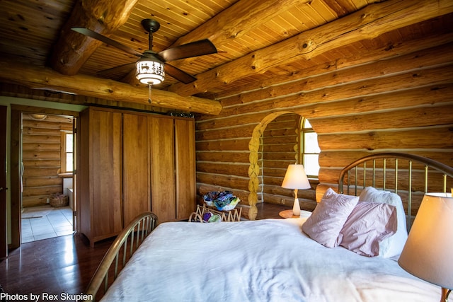 4585 W Arrowhead Dr, White Cloud, MI 49349 - bedroom with log walls, a wood ceiling with exposed beams, and wood finished floors