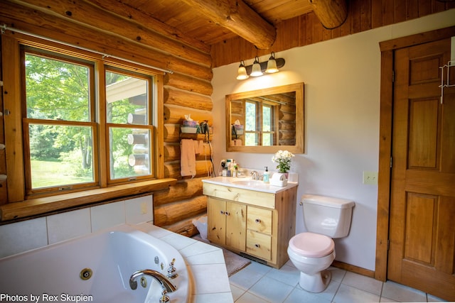 4585 W Arrowhead Dr, White Cloud, MI 49349 - full bath featuring rustic walls, a wooden ceiling with exposed beams, a tub with jets, vanity, and tile patterned floors
