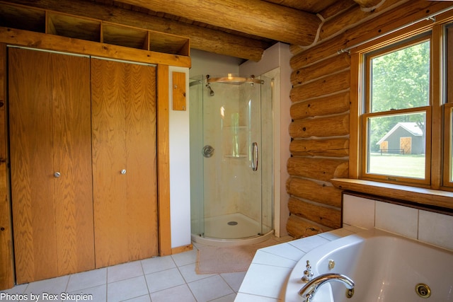 4585 W Arrowhead Dr, White Cloud, MI 49349 - bathroom with log walls, a stall shower, tile patterned flooring, a tub with jets, and beam ceiling