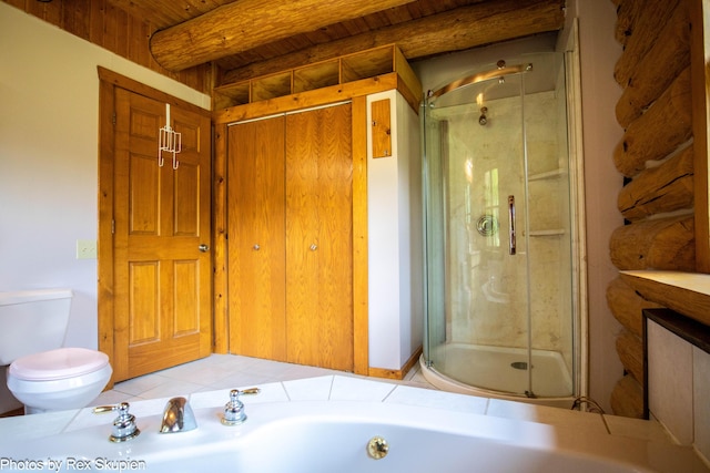 4585 W Arrowhead Dr, White Cloud, MI 49349 - full bath featuring a stall shower and a wood ceiling with exposed beams