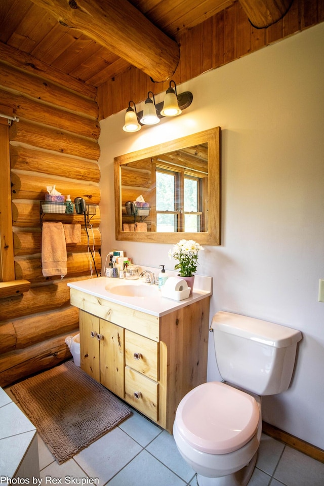 4585 W Arrowhead Dr, White Cloud, MI 49349 - bathroom featuring log walls, a wood ceiling with exposed beams, vanity, and tile patterned floors