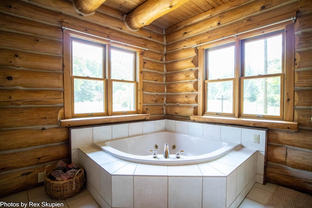 4585 W Arrowhead Dr, White Cloud, MI 49349 - full bathroom with tile patterned flooring, healthy amount of natural light, a tub with jets, and a wood ceiling with exposed beams