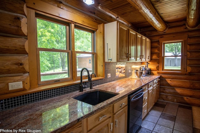 4585 W Arrowhead Dr, White Cloud, MI 49349 - kitchen with a wooden ceiling with exposed beams, black dishwasher, decorative backsplash, rustic walls, and light stone countertops