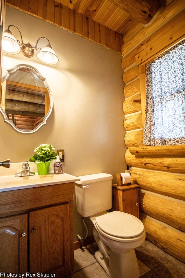 4585 W Arrowhead Dr, White Cloud, MI 49349 - half bathroom featuring rustic walls, vanity, and a wooden ceiling with exposed beams
