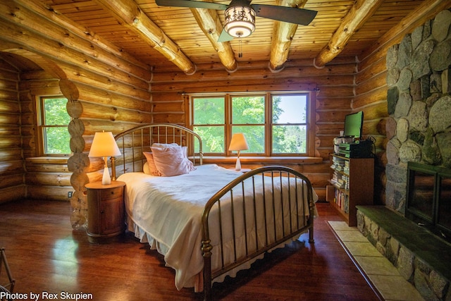 4585 W Arrowhead Dr, White Cloud, MI 49349 - bedroom with a wood ceiling with exposed beams, wood finished floors, log walls, and a fireplace