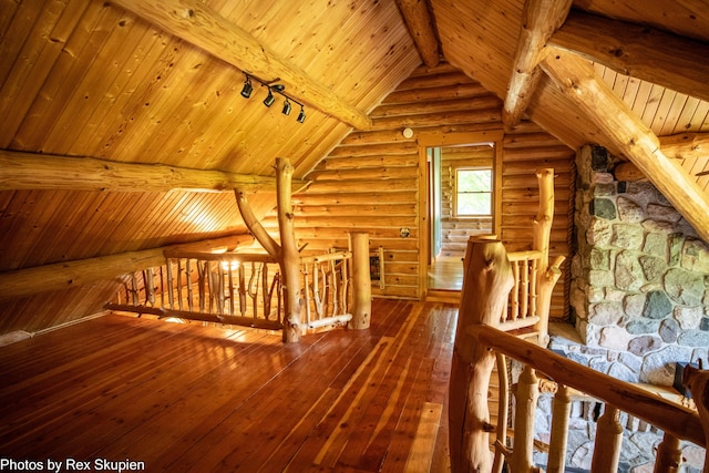 4585 W Arrowhead Dr, White Cloud, MI 49349 - additional living space with wooden ceiling, rustic walls, and hardwood / wood-style flooring